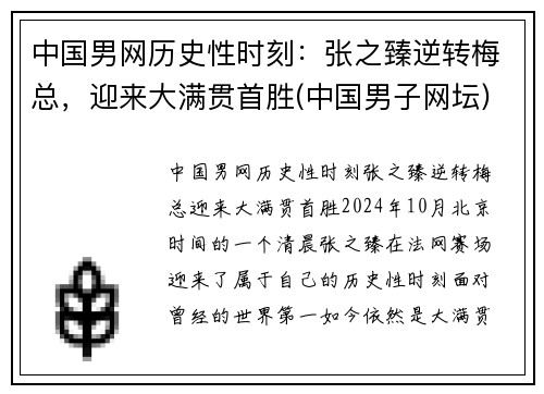 中国男网历史性时刻：张之臻逆转梅总，迎来大满贯首胜(中国男子网坛)