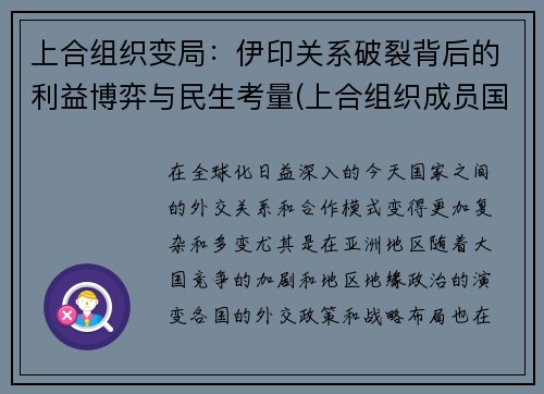 上合组织变局：伊印关系破裂背后的利益博弈与民生考量(上合组织成员国名单伊朗)