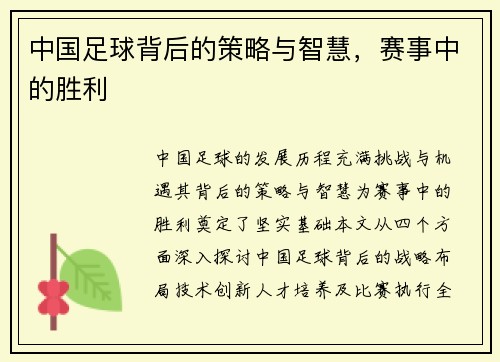中国足球背后的策略与智慧，赛事中的胜利