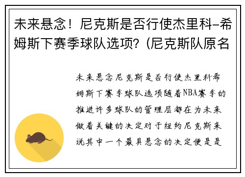 未来悬念！尼克斯是否行使杰里科-希姆斯下赛季球队选项？(尼克斯队原名)